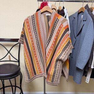 Women's Striped Aztec Open Front Poncho Jacket - Beige Orange Brown